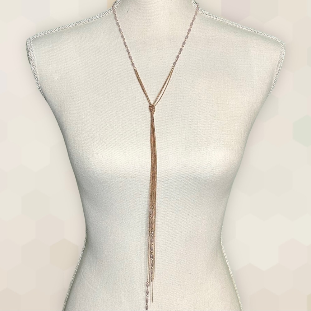 NEW Whimsical Mauve Mixed Stones & Chain Knotted Tassel Necklace